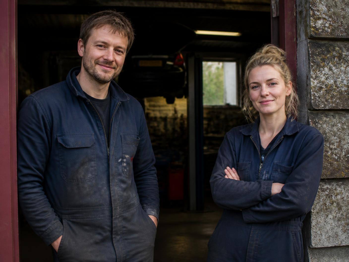Two North East Auto Centre mechanics standing at the workshop entrance
